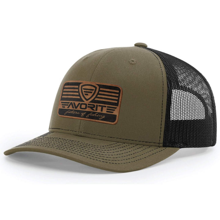Favorite Fishing Franchise Leather Patch Hat in vaquero loden, casual apparel with a leather patch and adjustable strap.