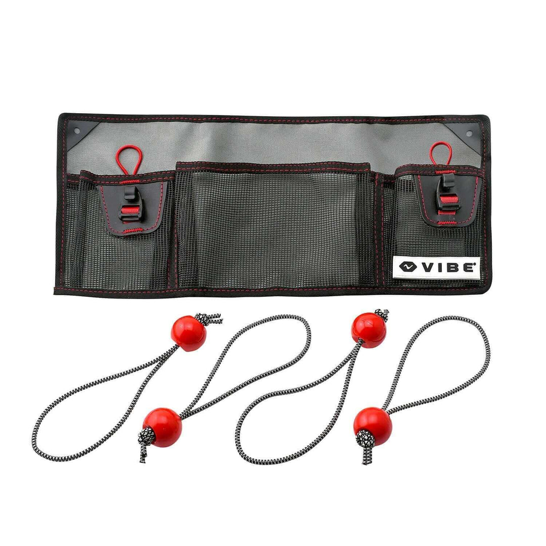 Vibe Kayaks Mesh 3-Pocket Gear Organizer with multiple mesh compartments for kayak accessories and gear storage.
