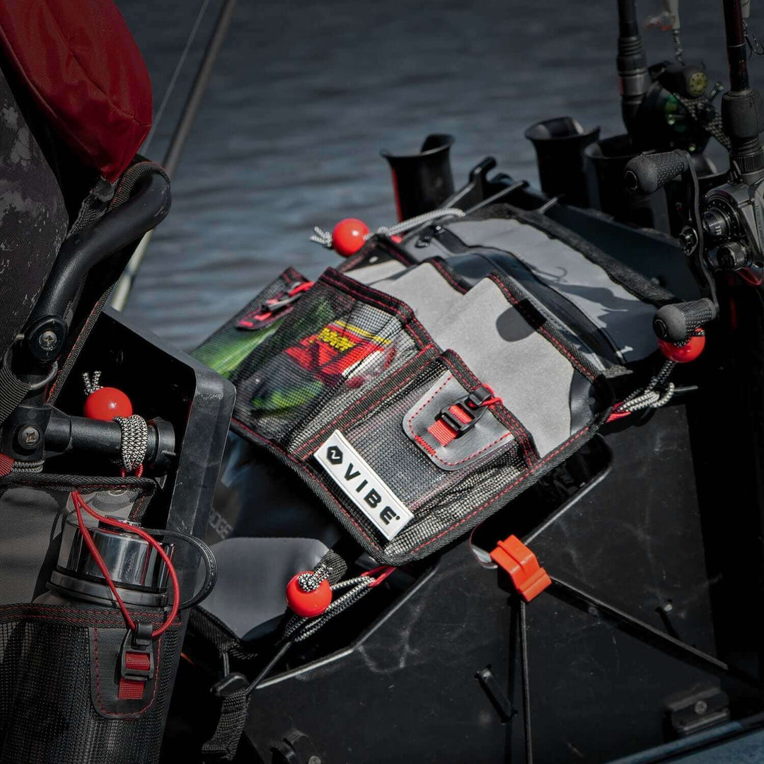 Vibe Kayaks mesh 3-pocket gear organizer with multiple compartments for outdoor accessories and gear storage.