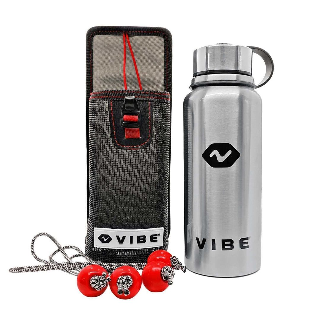 Vibe Kayaks mesh 30 oz bottle holder with attached water bottle, accessory for outdoor hydration and kayaking gear.