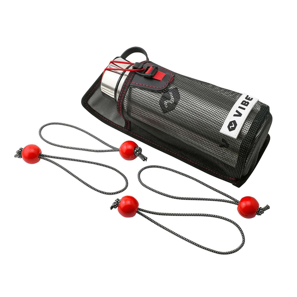 Vibe Kayaks mesh 30 oz bottle holder with attached bottle for easy hydration and storage during outdoor activities.