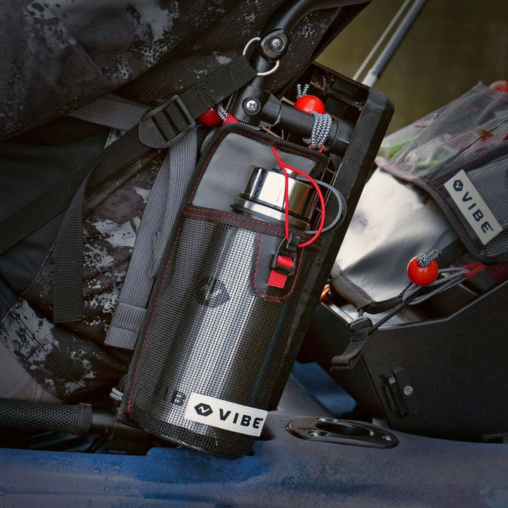 Vibe Kayaks mesh 30 oz bottle holder with bottle, durable accessory for keeping drinks secure during outdoor activities.