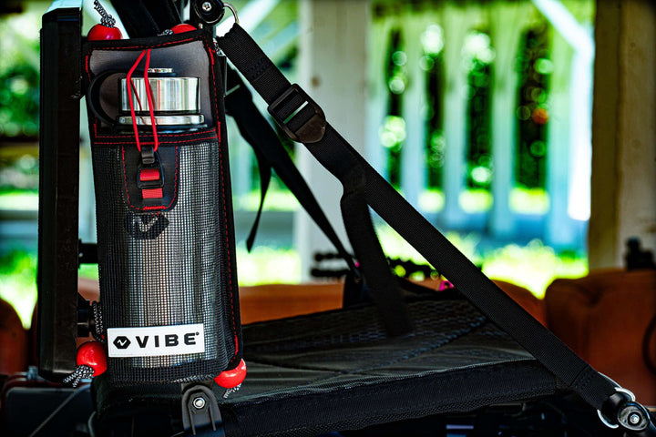 Vibe Kayaks mesh 30 oz bottle holder with attached bottle, waterproof accessory for easy hydration access during kayaking.