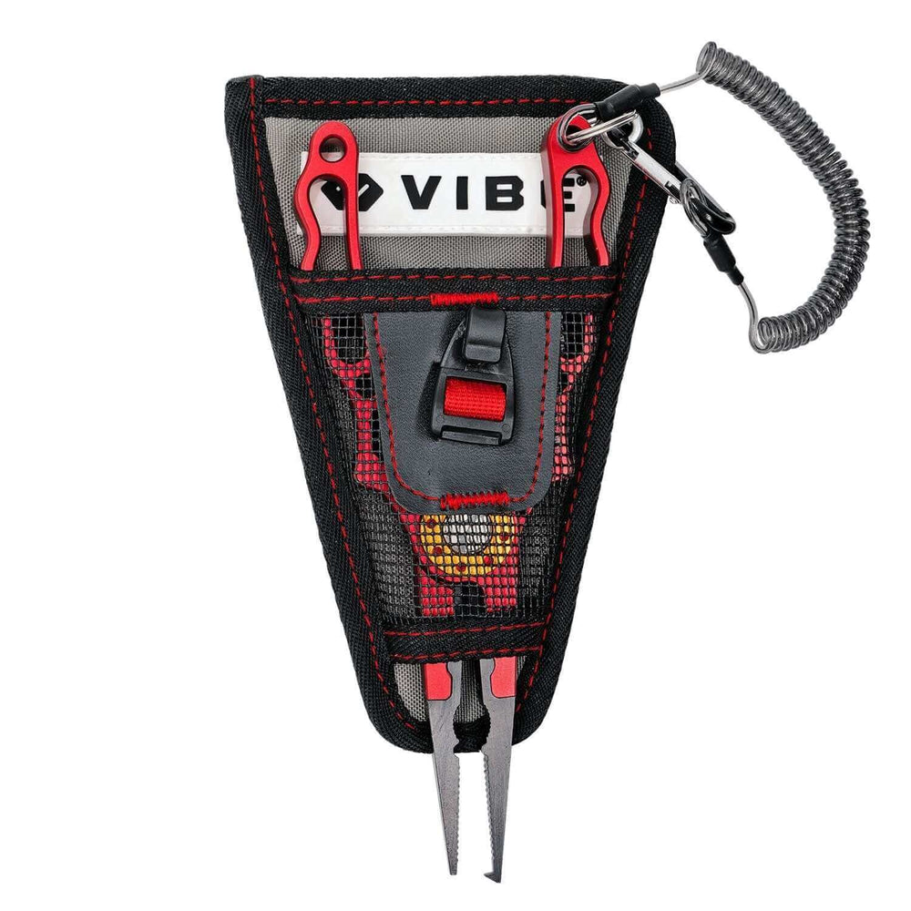 Vibe Kayaks mesh plier holder accessory with adjustable strap for secure storage of fishing pliers on kayaks.