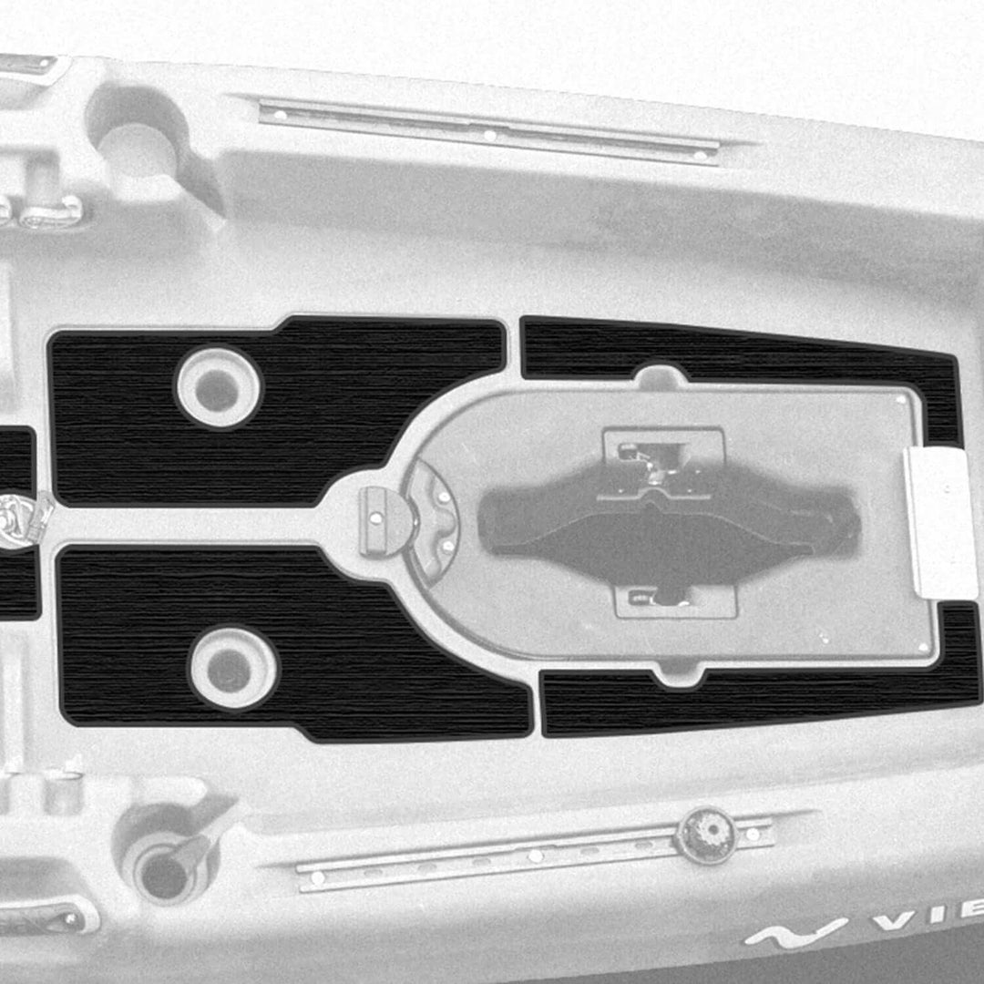 Black Makana 100 Premium Deck Padding by Vibe Kayaks installed on a kayak deck, providing comfort and protection during kayaking.