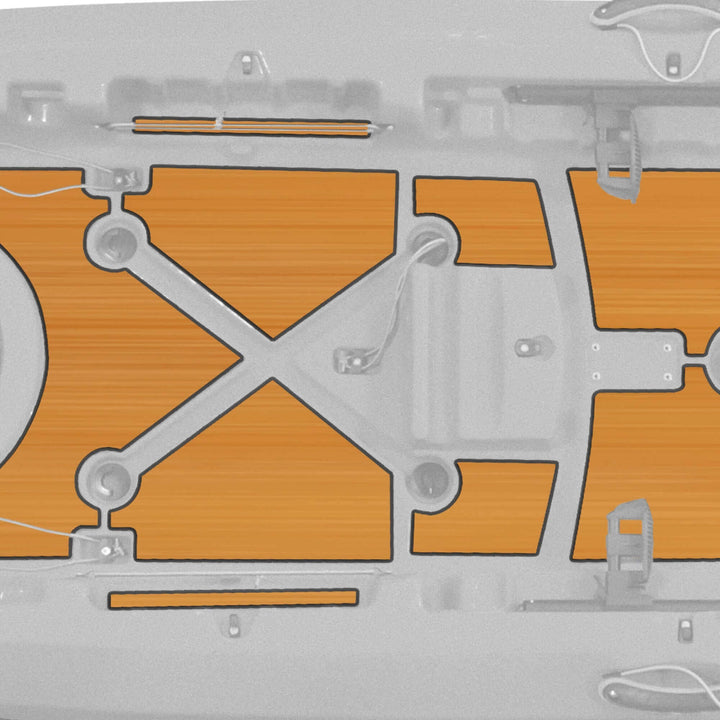 Yellowfin 130T Vibe Kayaks premium deck padding showing textured, yellow kayak deck surface with padding strips.