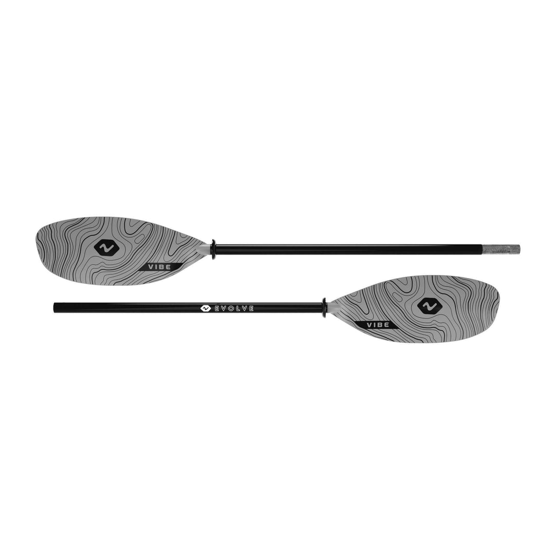 Vibe Kayaks Evolve Fiberglass Paddle, adjustable from 90.5 to 98.4 inches, kayak paddle with red fiberglass blade and shaft.