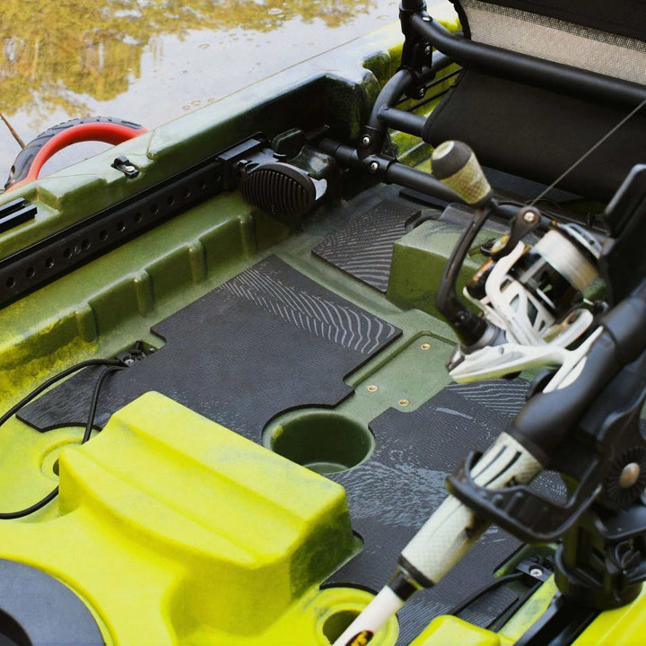 Yellowfin 130T kayak deck padding from Vibe Kayaks, showing cushioned padding on the kayak's deck for added comfort.