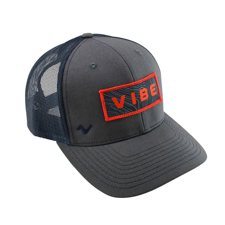 Youth-size Vibe Trucker Hat by Vibe Kayaks with Richardson-style charcoal front patch and adjustable mesh back.