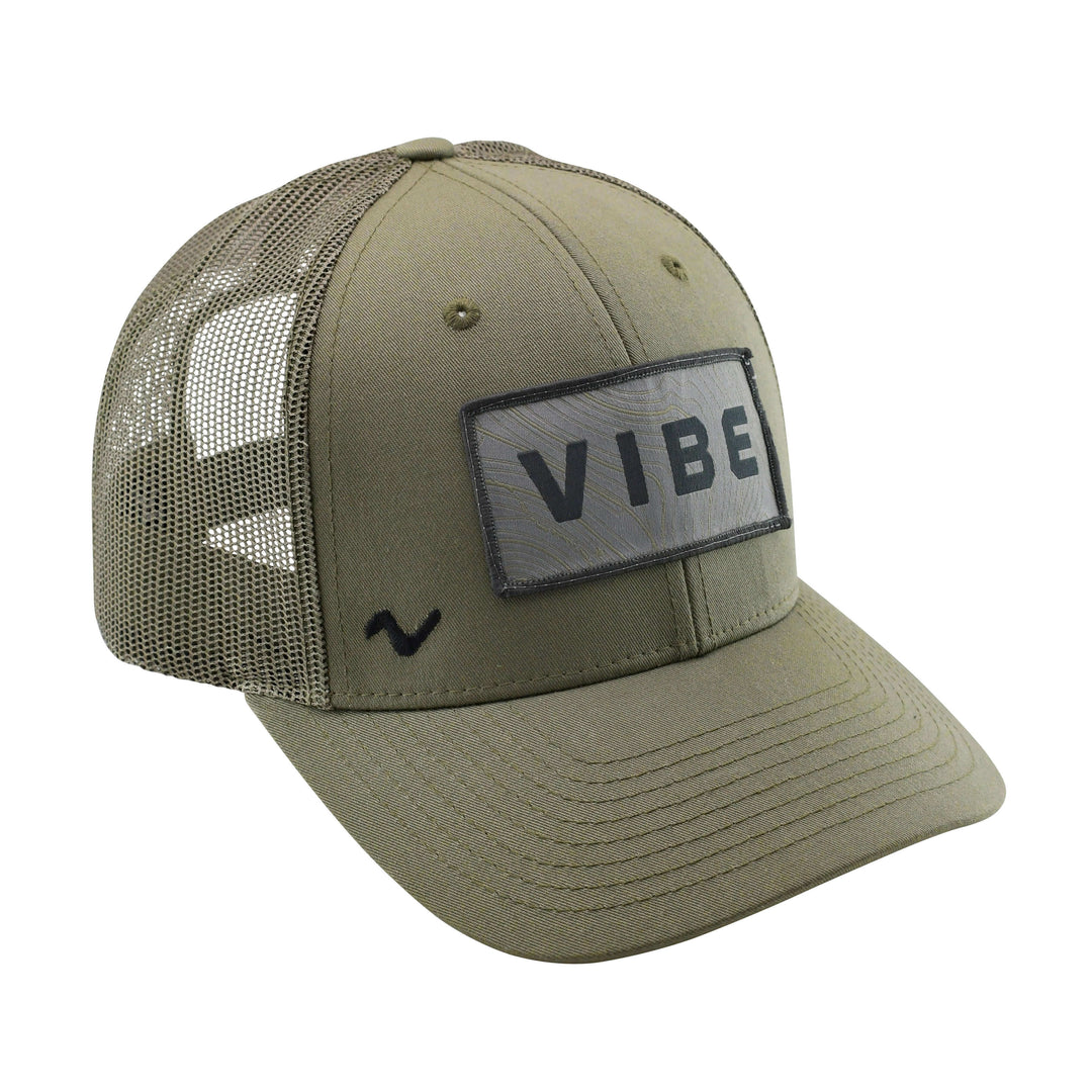 Youth size Vibe Trucker Hat by Vibe Kayaks with olive drab color and Richardson patch on front, casual outdoor apparel.