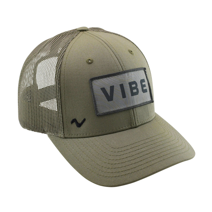 Youth size Vibe Trucker Hat by Vibe Kayaks with olive drab color and Richardson patch on front, casual outdoor apparel.