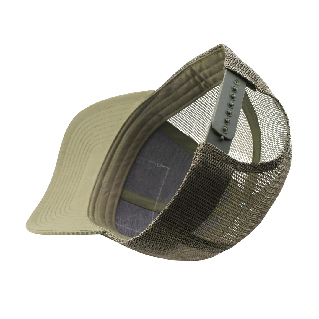 Youth-sized Vibe Trucker Hat by Vibe Kayaks with olive drab color and Richardson patch, viewed from the back with logo removed