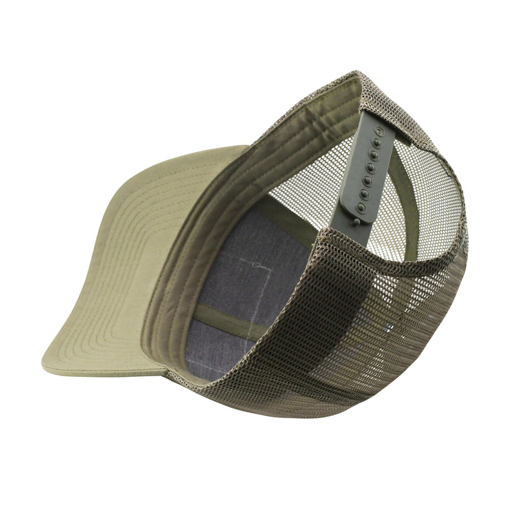 Youth-sized Vibe Trucker Hat by Vibe Kayaks with olive drab color and Richardson patch, viewed from the back with logo removed