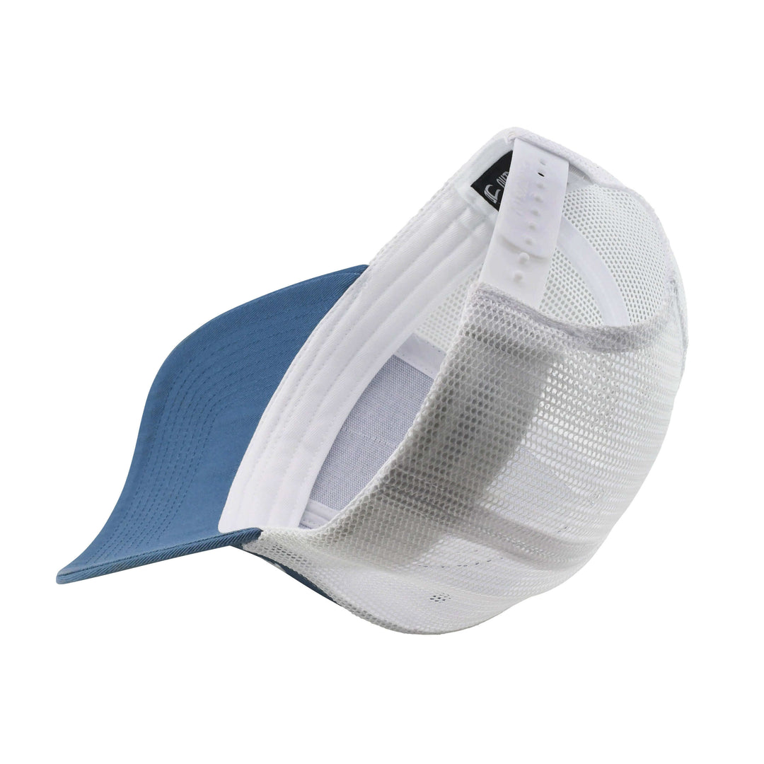 Youth Vibe Trucker Hat in slate color with Vibe Kayaks patch, featuring mesh back and adjustable snap closure.