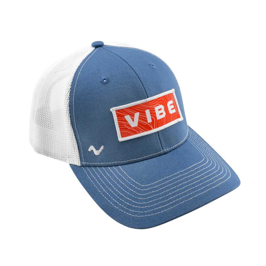 Youth size Vibe Trucker Hat by Vibe Kayaks with Slate Vibe patch on front, casual outdoor apparel accessory.