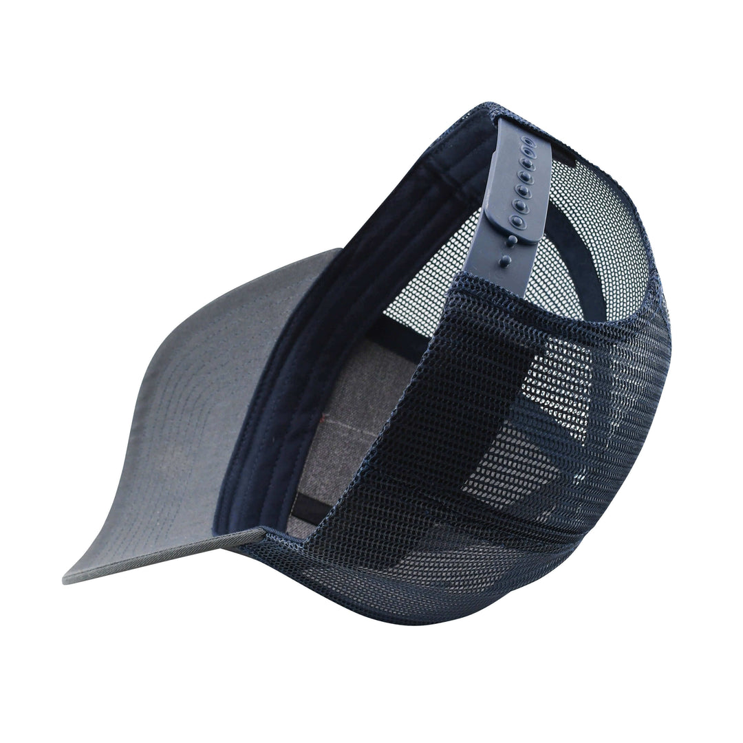 Youth-sized Vibe Trucker Hat by Vibe Kayaks in charcoal with a Vibe patch and mesh back, casual outdoor apparel accessory.