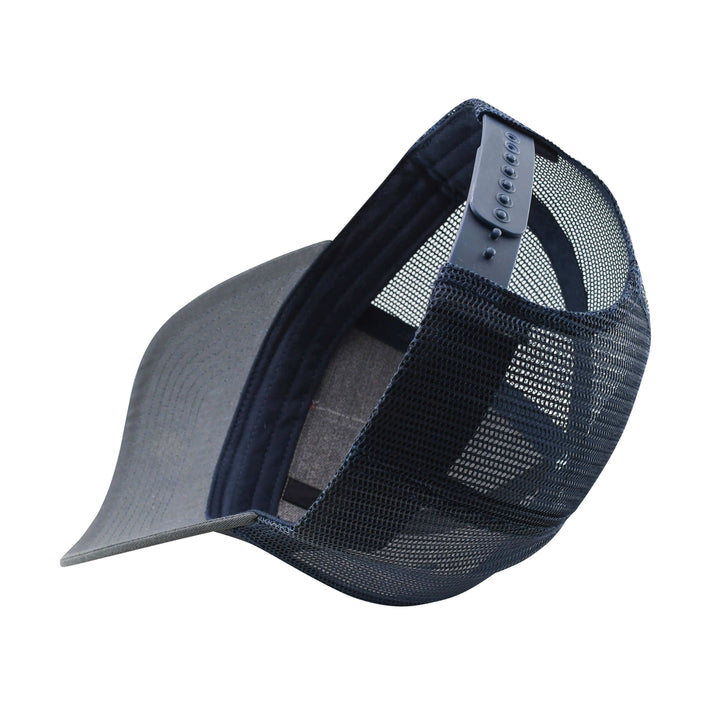 Youth-sized Vibe Trucker Hat by Vibe Kayaks in charcoal with a Vibe patch and mesh back, casual outdoor apparel accessory.