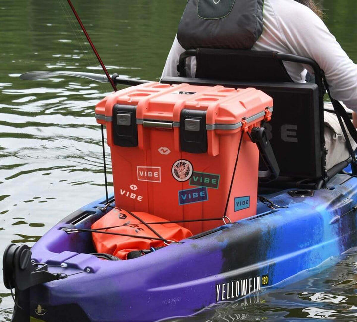 Coral Vibe 20 Quart Cooler from Vibe Kayaks with sturdy handles and secure lid for outdoor thermal insulation and storage.
