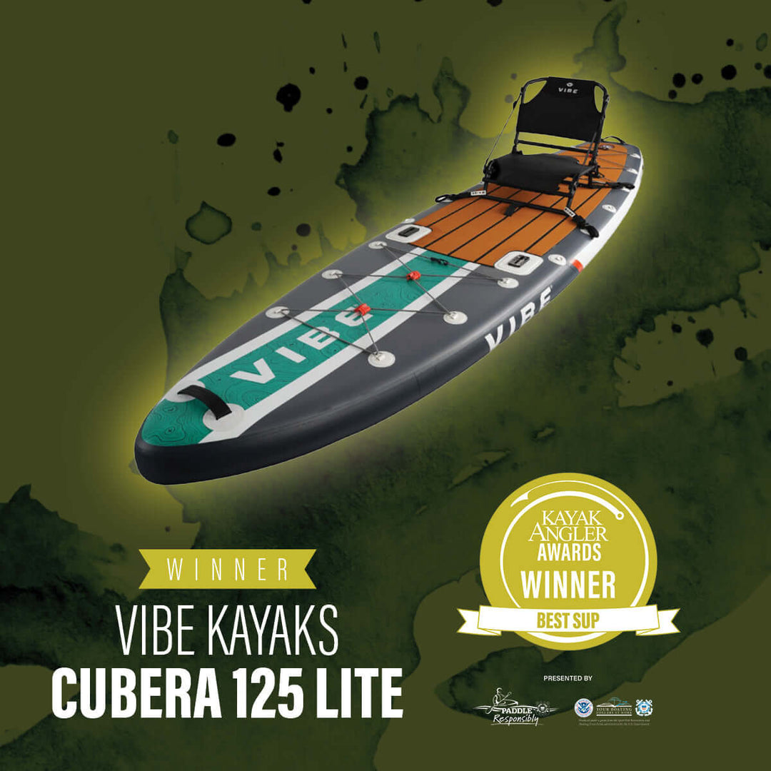 Vibe Kayaks Cubera 125 Lite inflatable kayak on water, showcasing its sleek design and durable construction.