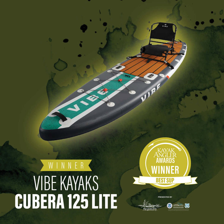 Vibe Kayaks Cubera 125 Lite inflatable kayak on water, showcasing its sleek design and durable construction.