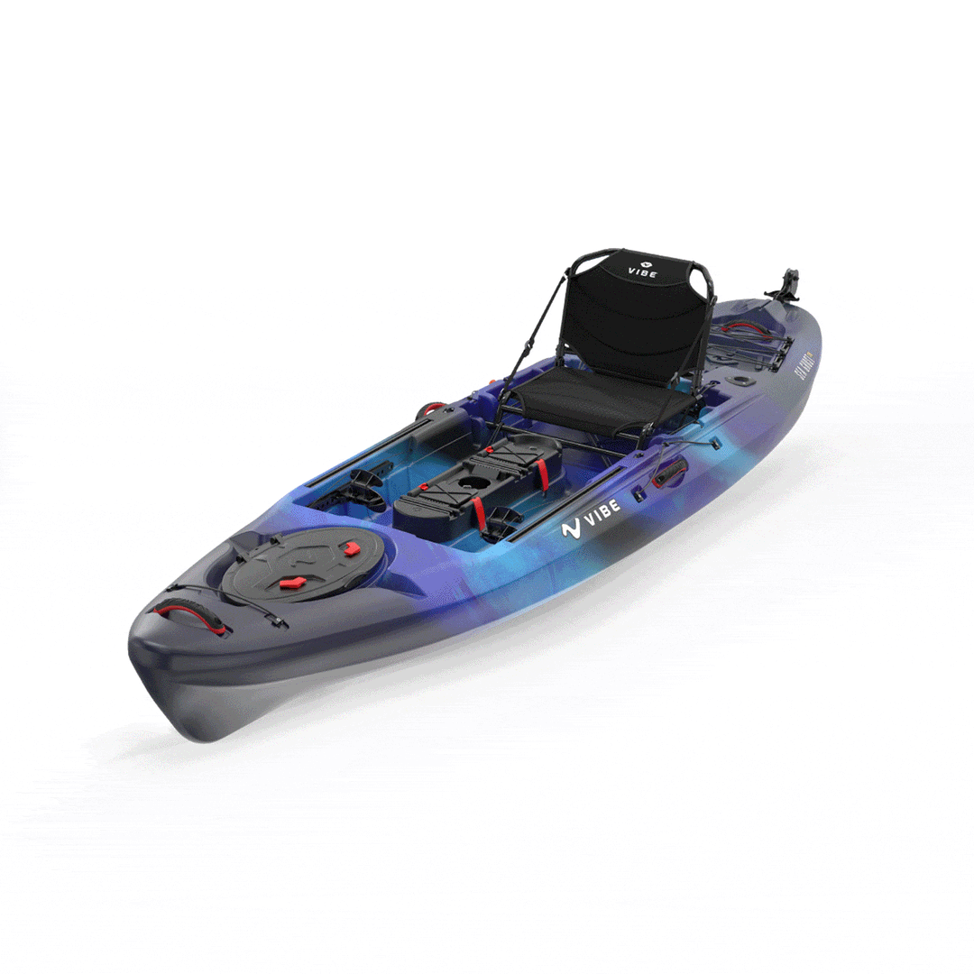Vibe Sea Ghost 110 kayak in black with orange accents, showing its sleek design and seating area on the water.