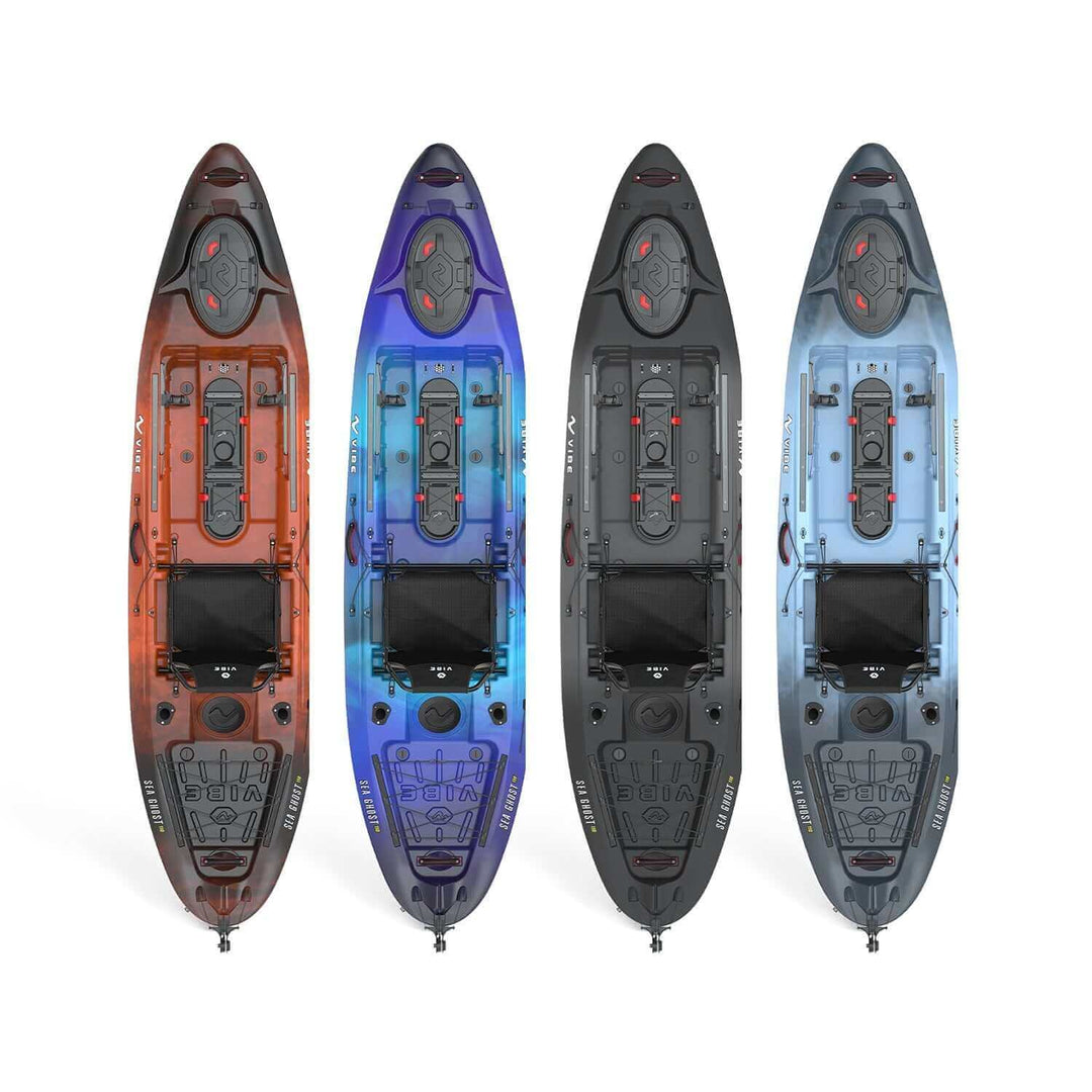 Vibe Sea Ghost 110 kayak by Vibe Kayaks featuring a sleek black design and sit-on-top style for ocean and lake paddling.