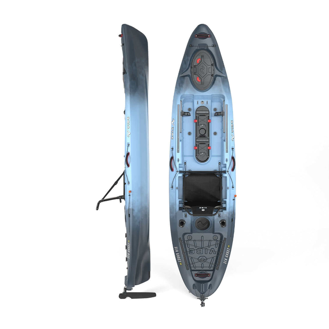 Vibe Sea Ghost 110 kayak in black and green, featuring a sit-on-top design with adjustable seat and paddle, on water.