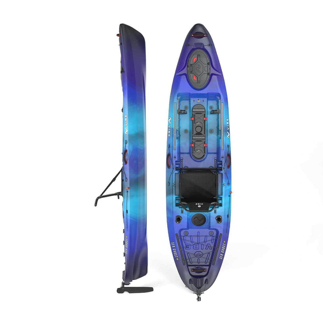 Vibe Sea Ghost 110 kayak in black and green with adjustable seat and paddle, designed for stability on water.