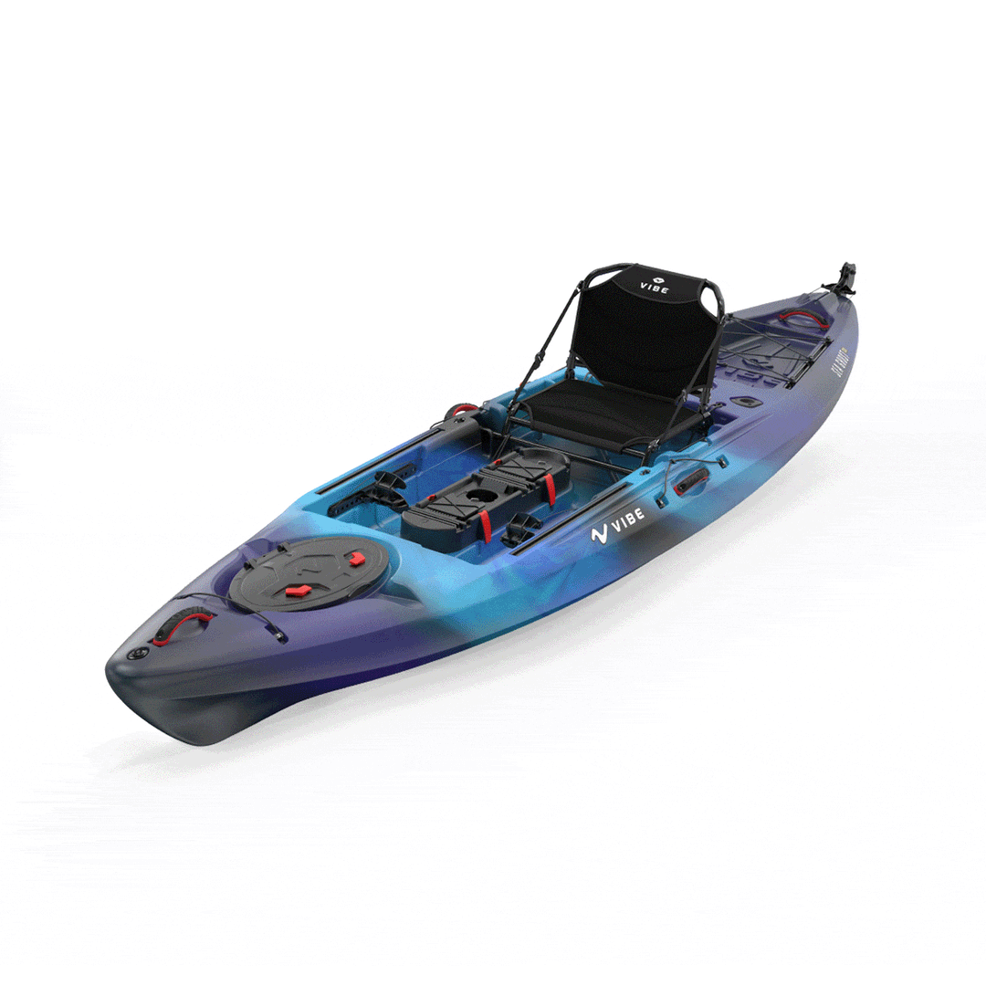 Vibe Sea Ghost 130 kayak in slate blue, featuring a sit-on-top design with storage compartments and adjustable seat.