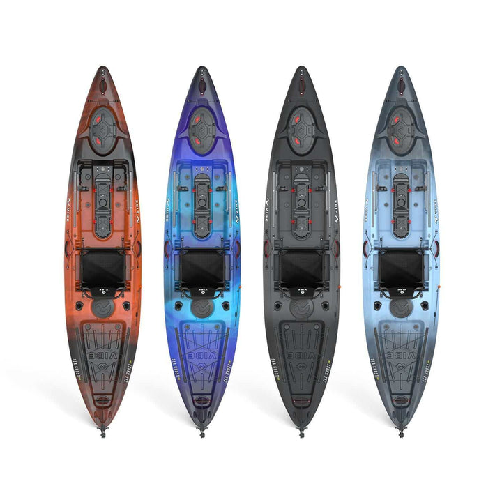Vibe Sea Ghost 130 kayak in slate blue, featuring a sleek design and adjustable seat for outdoor water adventures.