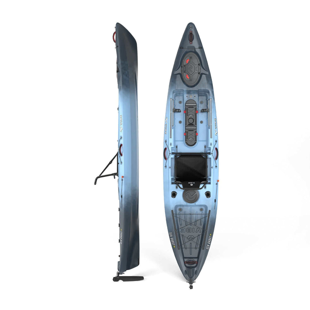 Vibe Sea Ghost 130 kayak in slate blue, featuring a sleek design and ergonomic seating from Vibe Kayaks.