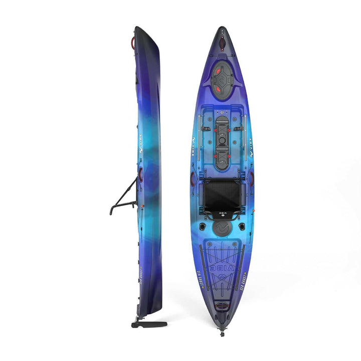 Vibe Sea Ghost 130 kayak in slate blue with seating and paddle, designed for stability and adventure on the water.