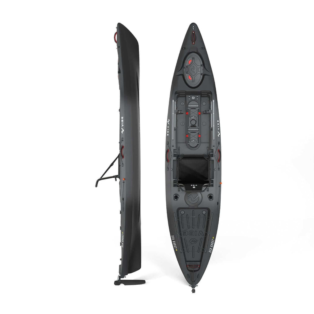 Vibe Sea Ghost 130 kayak in slate blue, featuring a sleek design and adjustable seat, suitable for lake or sea adventures.