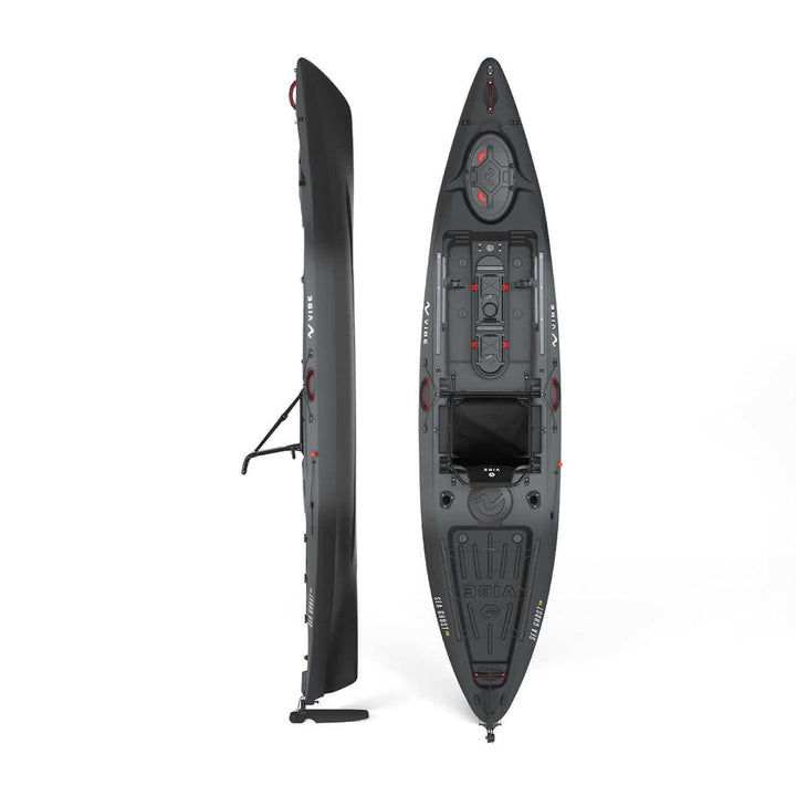 Vibe Sea Ghost 130 kayak in slate blue, featuring a sleek design and adjustable seat, suitable for lake or sea adventures.
