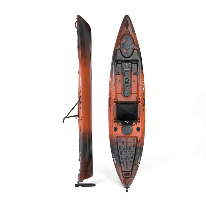 Vibe Sea Ghost 130 kayak in slate blue with adjustable seat and storage compartments, designed for ocean and river paddling.