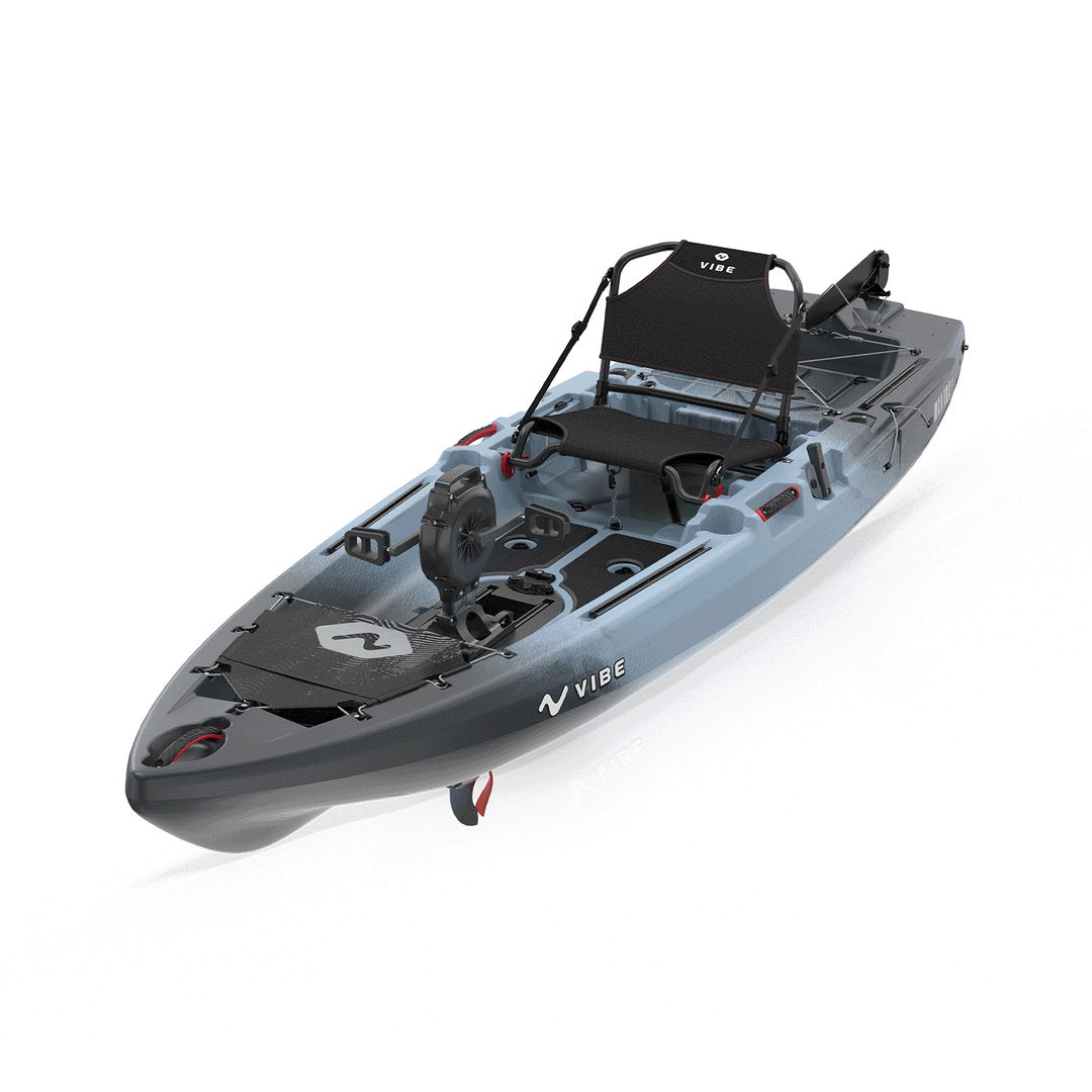 Vibe Kayaks Makana 100 kayak with impulse drive system, shown on water, highlighting its sleek design and paddling features.