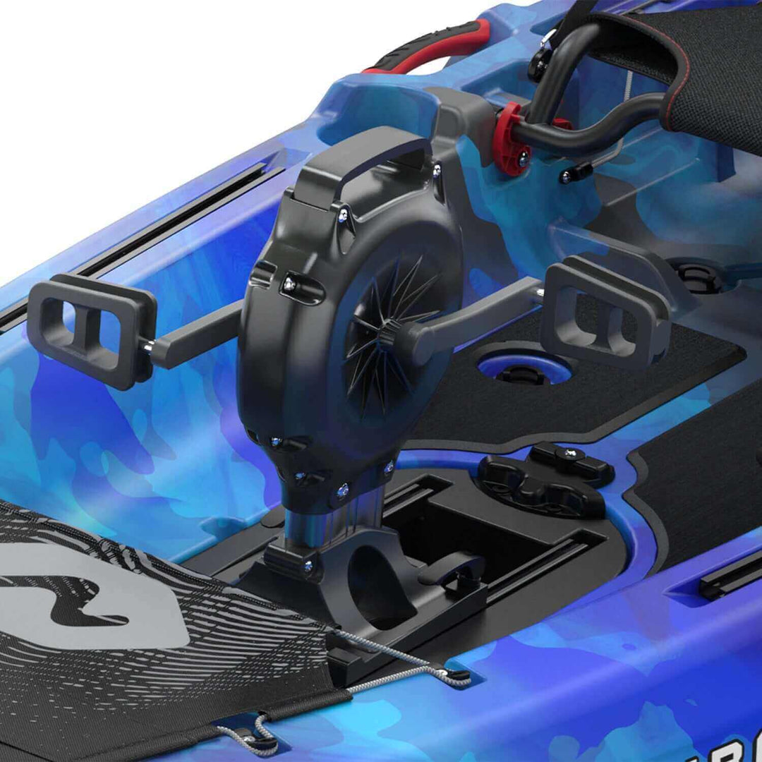 Vibe Kayaks Makana 100 kayak with impulse drive system, showing the sleek hull and seating area on calm water.