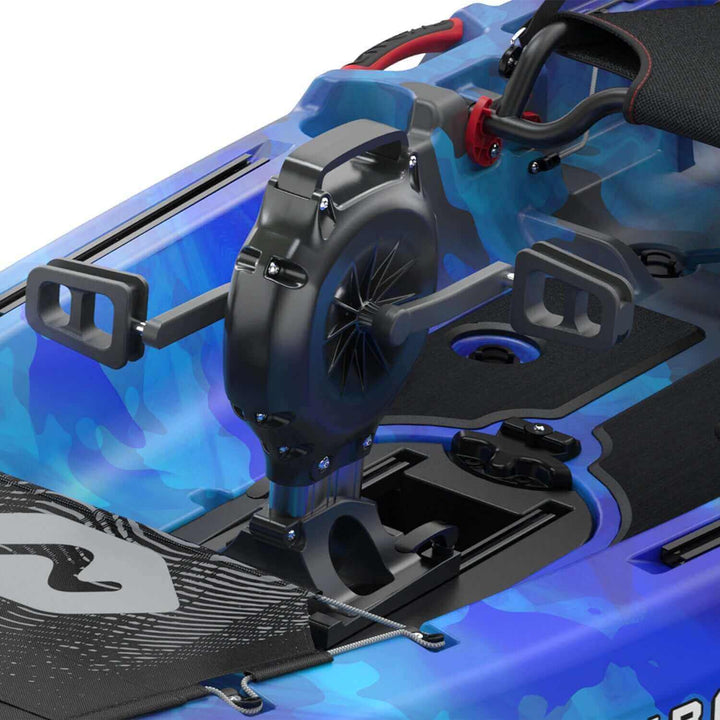 Vibe Kayaks Makana 100 kayak with impulse drive system, showing the sleek hull and seating area on calm water.