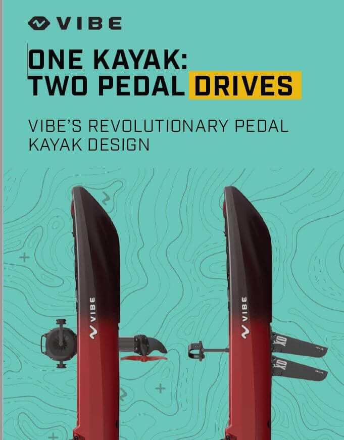 Vibe Kayaks Makana 100 kayak with Impulse Drive system, shown on water with paddles and gear attached.