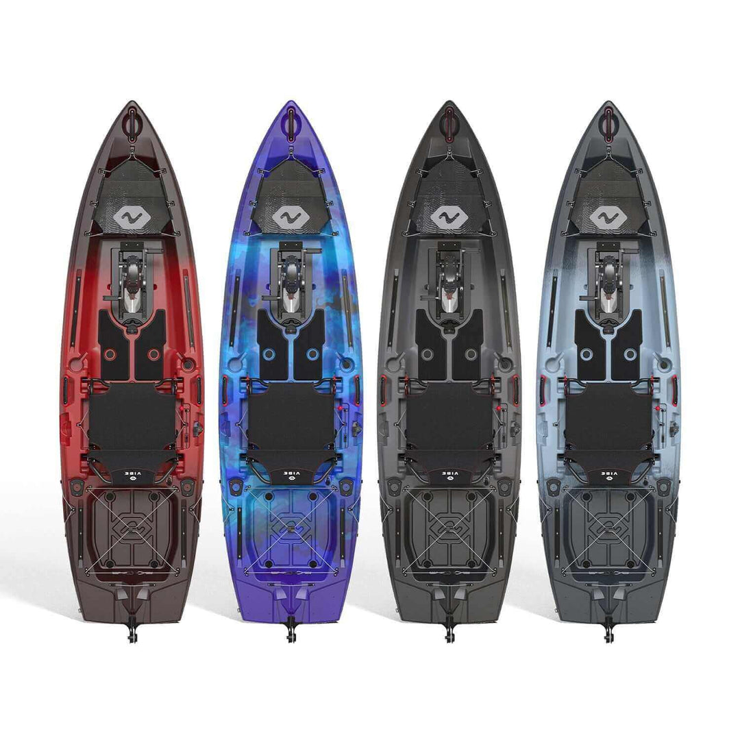 Vibe Kayaks Makana 100 kayak with impulse drive system, shown in a sleek blue design on calm water.