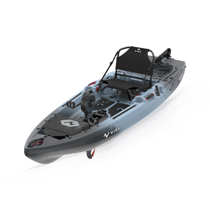 Vibe Kayaks Makana 100 kayak with impulse drive system, shown in a side view with seating and paddle accessories visible.