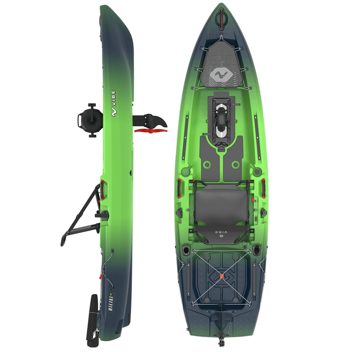 Vibe Kayaks Makana 100 kayak in surge green, top side view showing sleek design and durable construction.