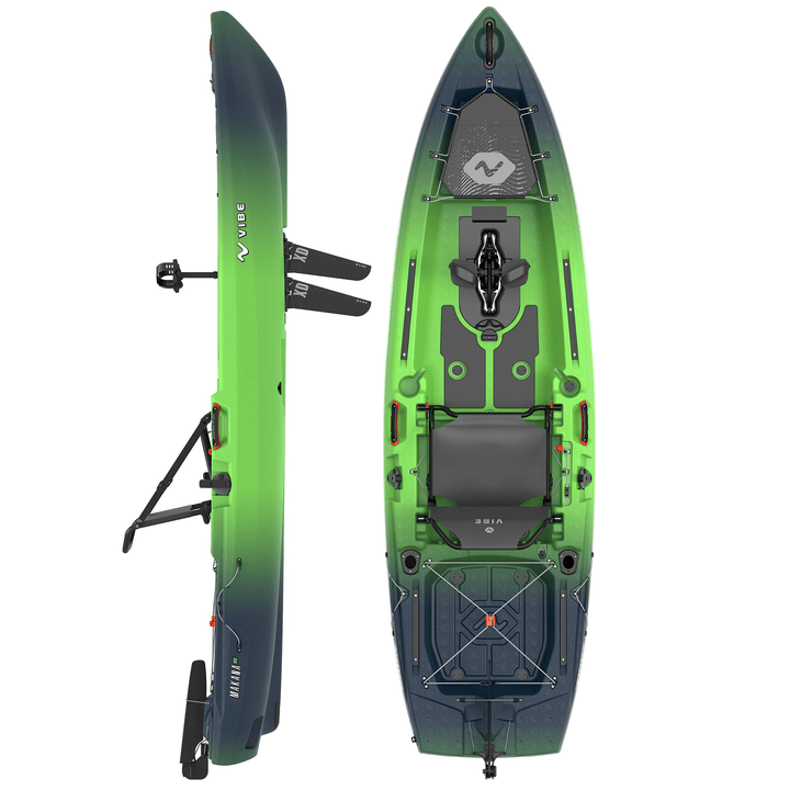 Vibe Kayaks Makana 100 kayak in Surge Green, top view showing sleek design and X-Drive system on the side.