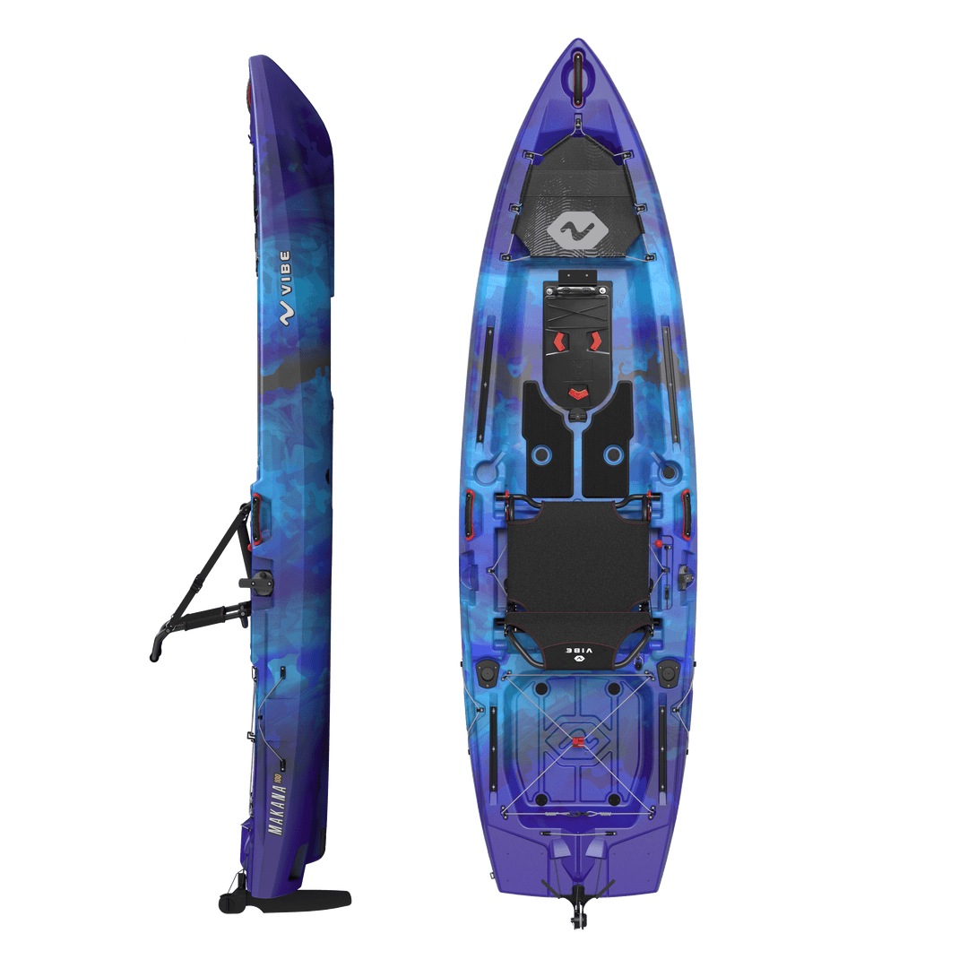 Vibe Kayaks Makana 100 kayak with galaxy-colored exterior and Versa Pod storage system, shown from a top side angle.