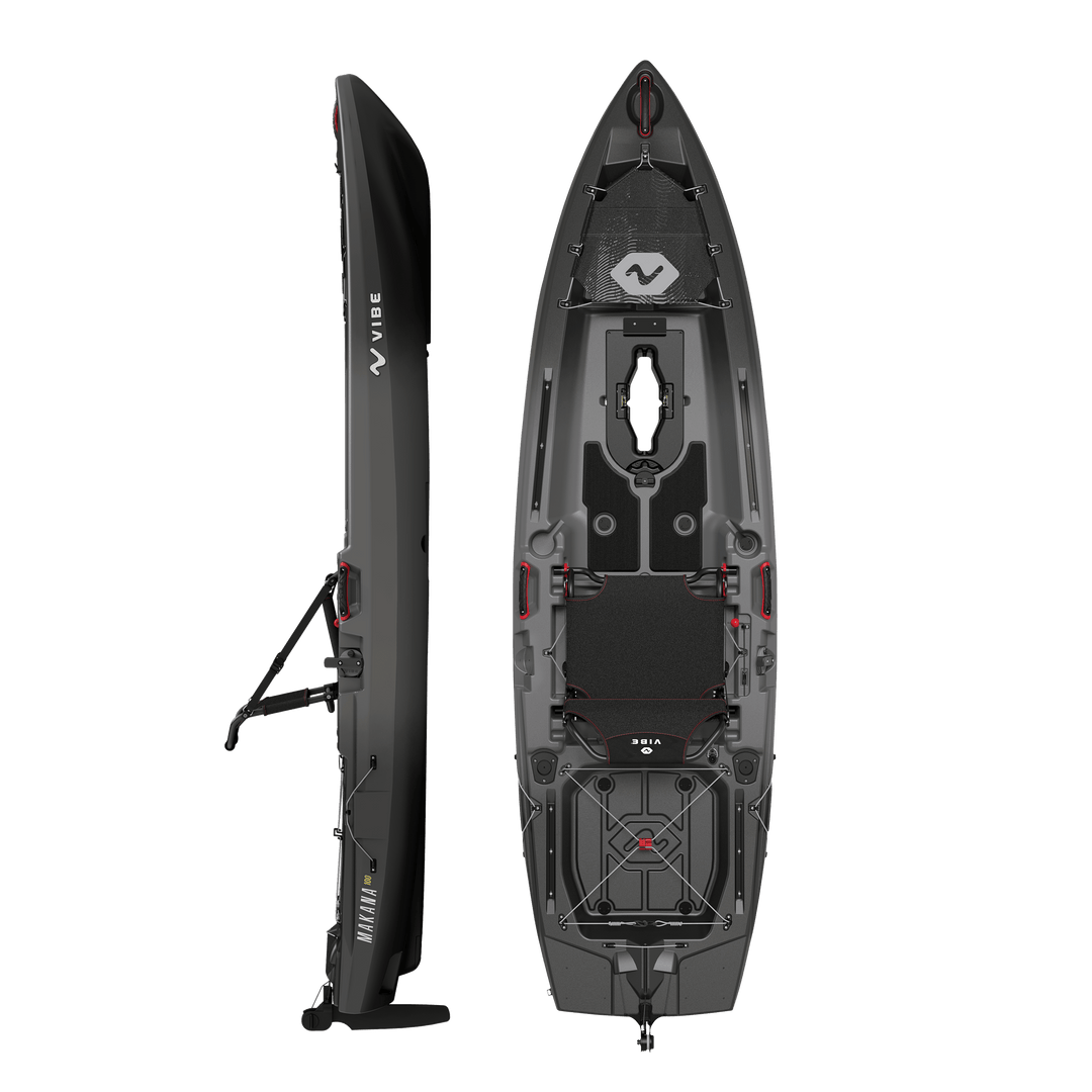 Vibe Kayaks Makana 100 kayak in black with a sleek design, shown from the side on a plain background.