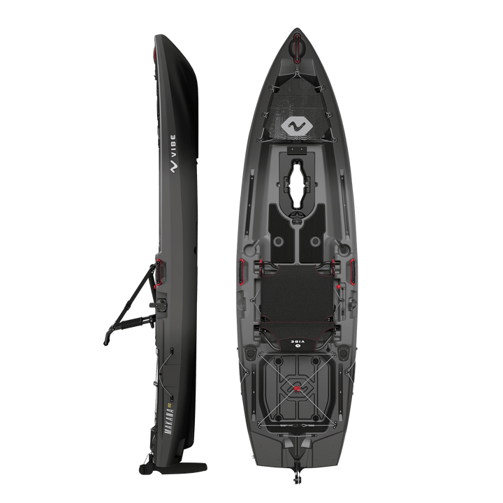 Vibe Kayaks Makana 100 kayak in black with a sleek design, shown from the side on a plain background.