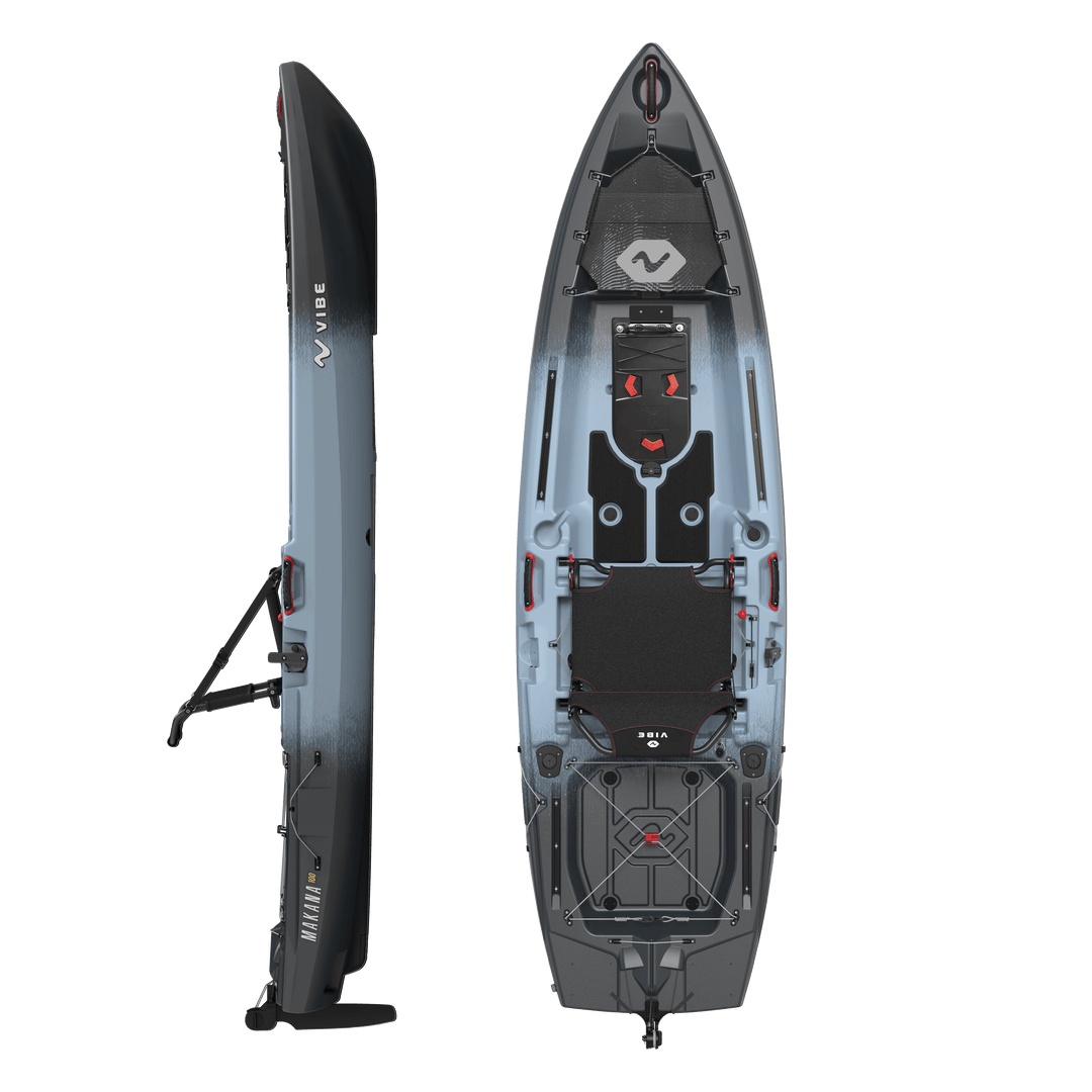 Vibe Kayaks Makana 100 kayak with slate gray top view, featuring Versa-Pod storage system and sleek design.