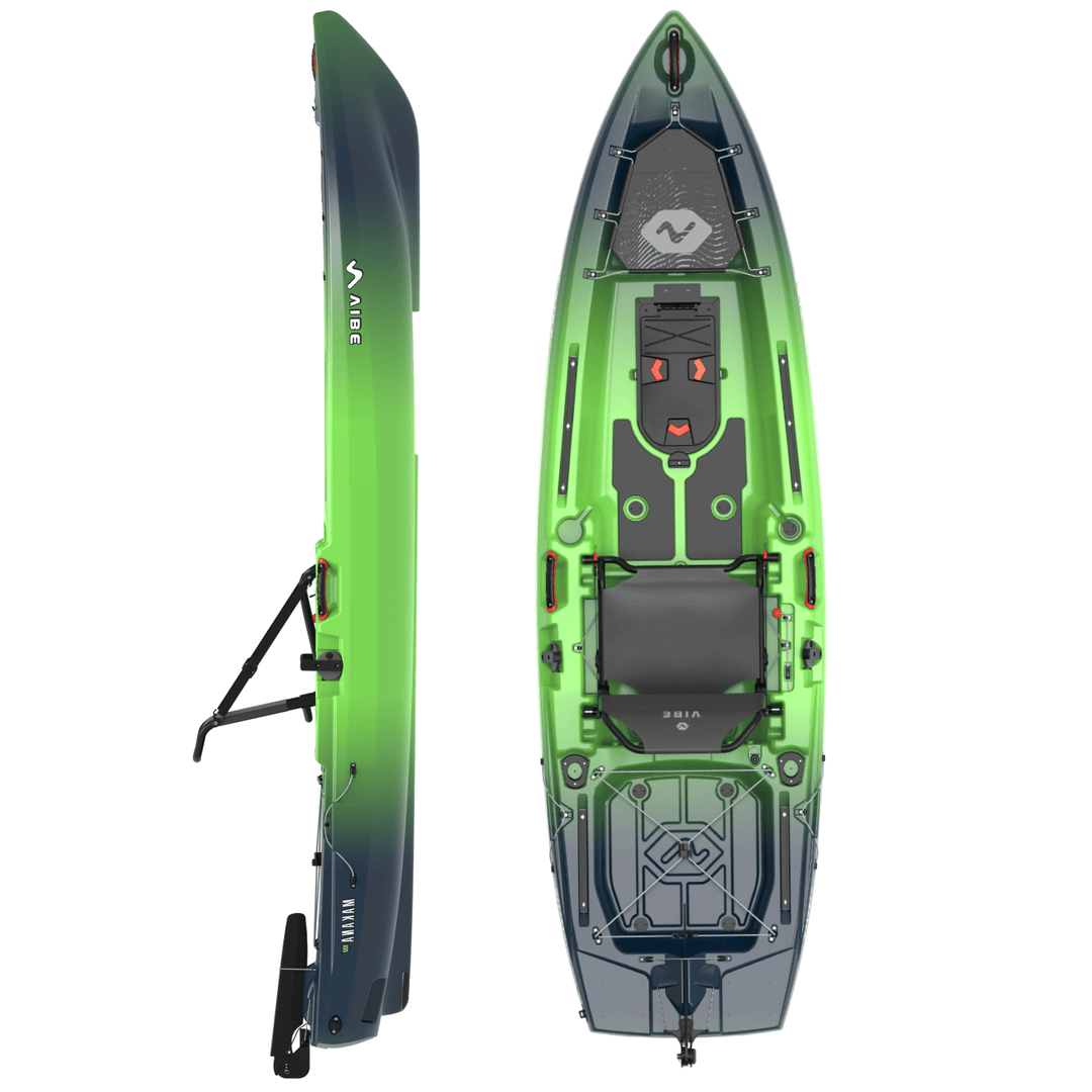 Vibe Kayaks Makana 100 kayak viewed from top side, showing its sleek design and seating area.