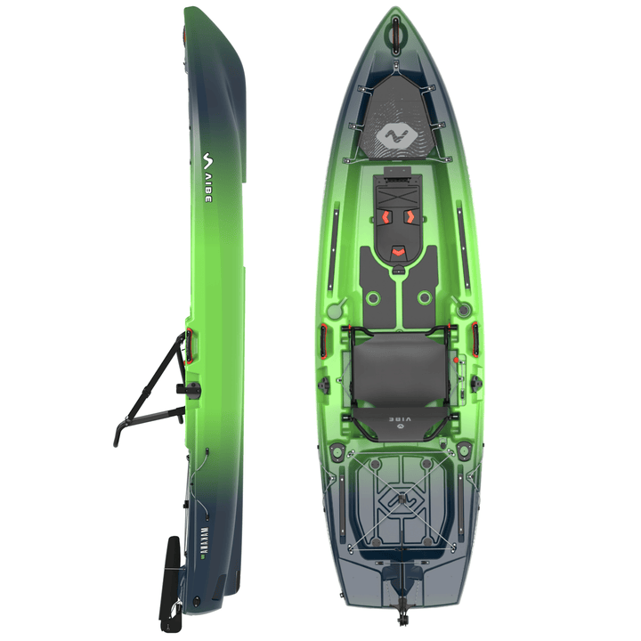 Vibe Kayaks Makana 100 kayak viewed from top side, showing its sleek design and seating area.