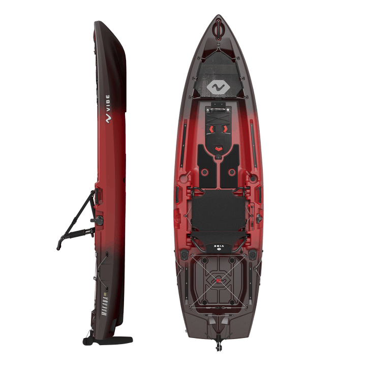 Vibe Kayaks Makana 100 kayak with side top view showing Tsunami design and Versa Pod storage system